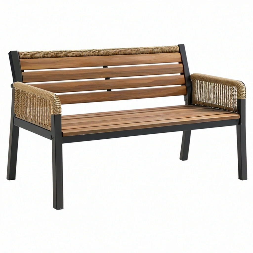 Panca da giardino 120 cm in legno e corda beige con struttura nera