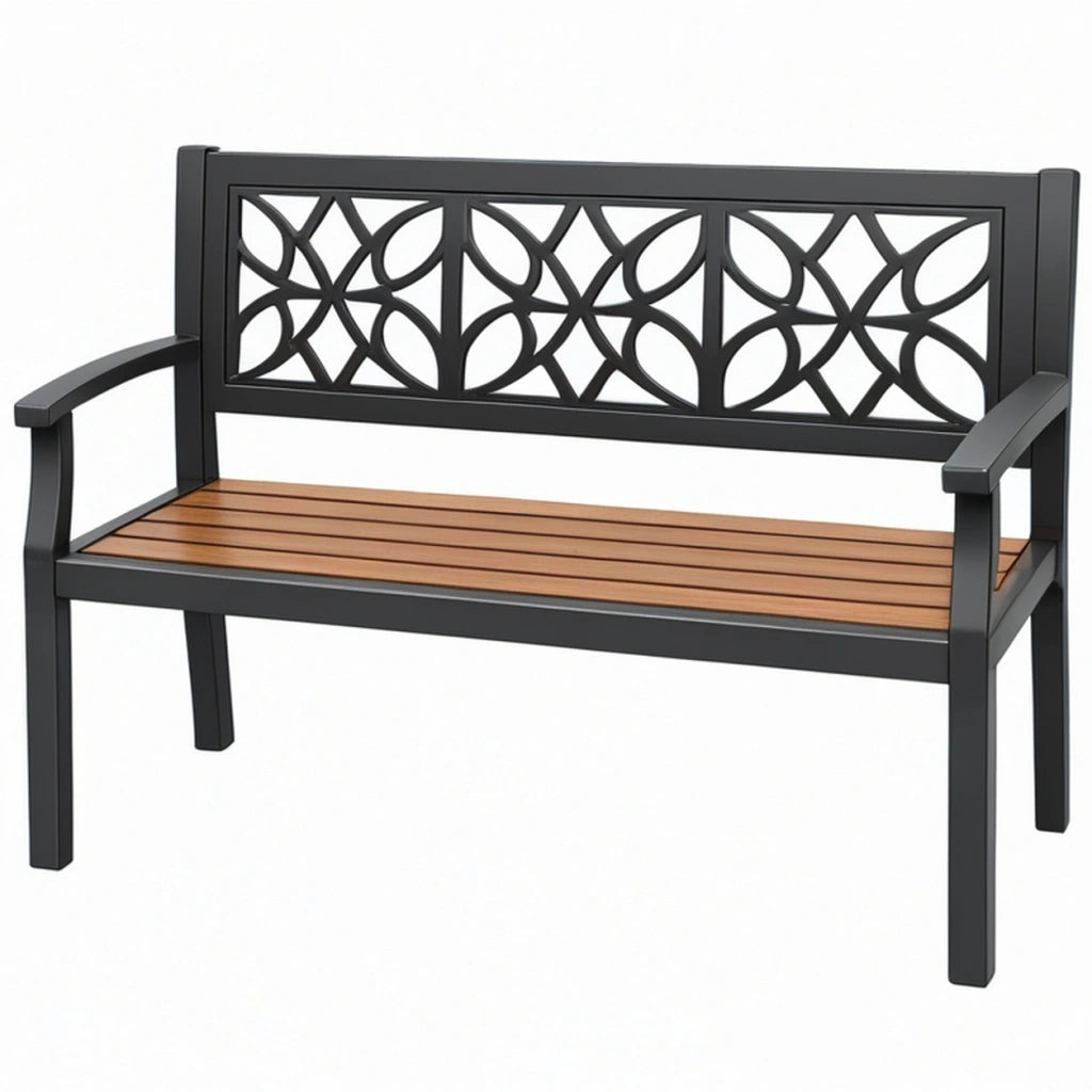 Panca da giardino 120 x 60 x 90 cm in metallo e legno nero/marrone con schienale decorativo
