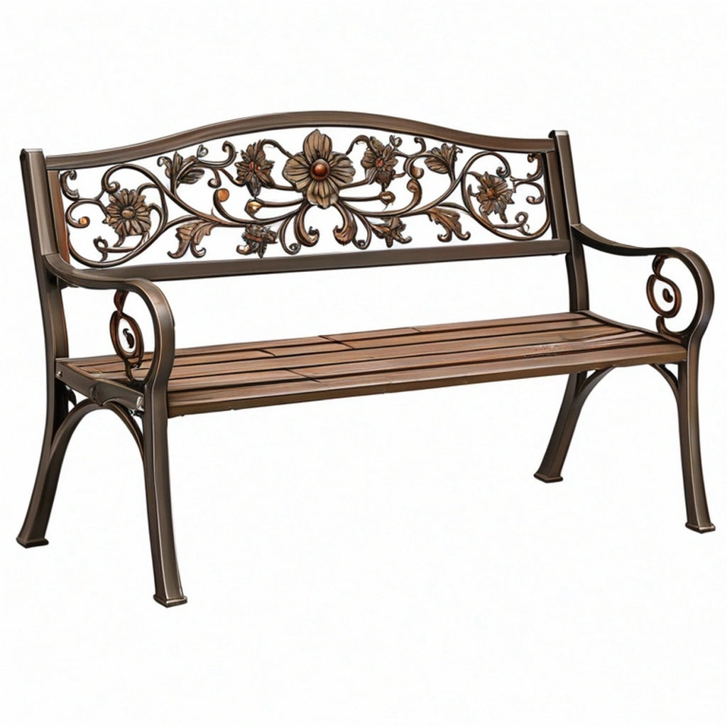 Panchina da giardino 125 x 60 x 90 cm in metallo bronzo con schienale floreale stile classico