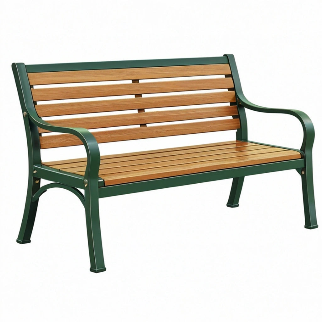 Panca da giardino 120 cm in legno e metallo verde marrone - seduta con braccioli stile classico