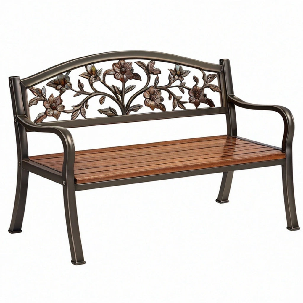 Panca da giardino 122 x 61 x 89 cm in metallo e legno marrone scuro con schienale floreale
