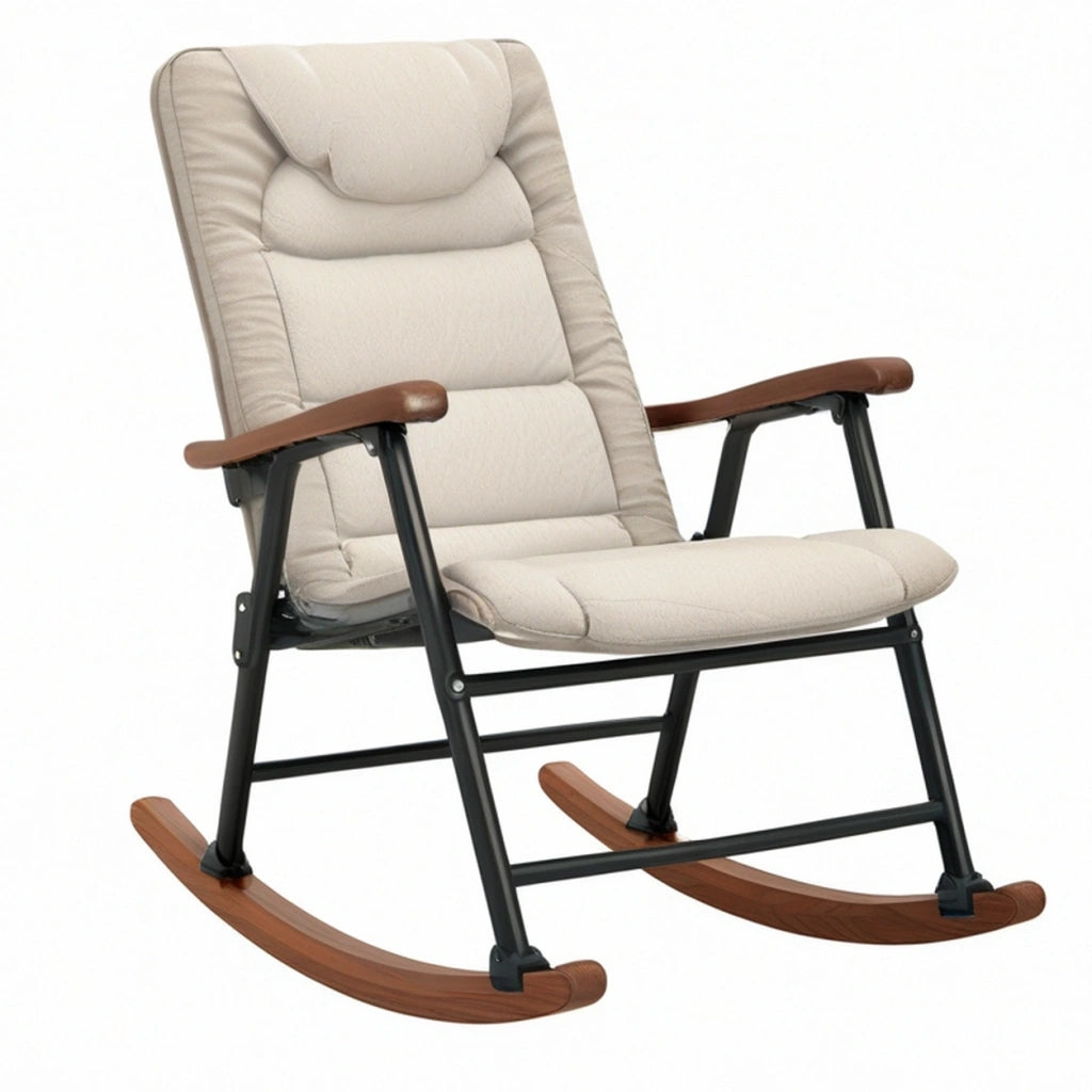 Sedia a dondolo 100 x 66 x 110 cm in tessuto beige con struttura in metallo e legno imbottita