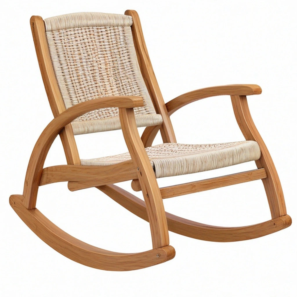Sedia a dondolo 100 cm 65 cm 110 cm in legno e corda beige naturale per relax stile rustico