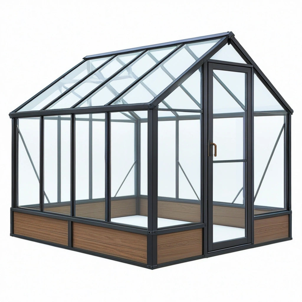 Serra da giardino 300 x 240 x 240 cm in alluminio nero con pannelli trasparenti e porta a battente