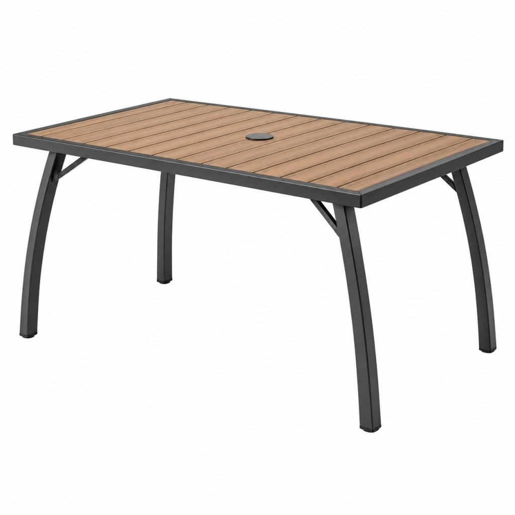 Tavolo da giardino 150 x 90 x 75 cm in metallo e legno marrone nero con foro per ombrellone