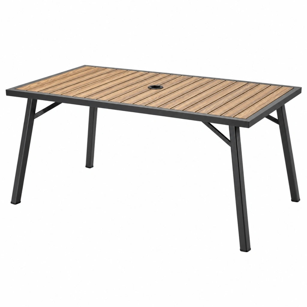 Tavolo da giardino 150 x 90 cm in legno e metallo nero con foro per ombrellone