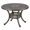 Tavolo da giardino rotondo diametro 110 cm in metallo bronzo scuro con foro per ombrellone stile classico
