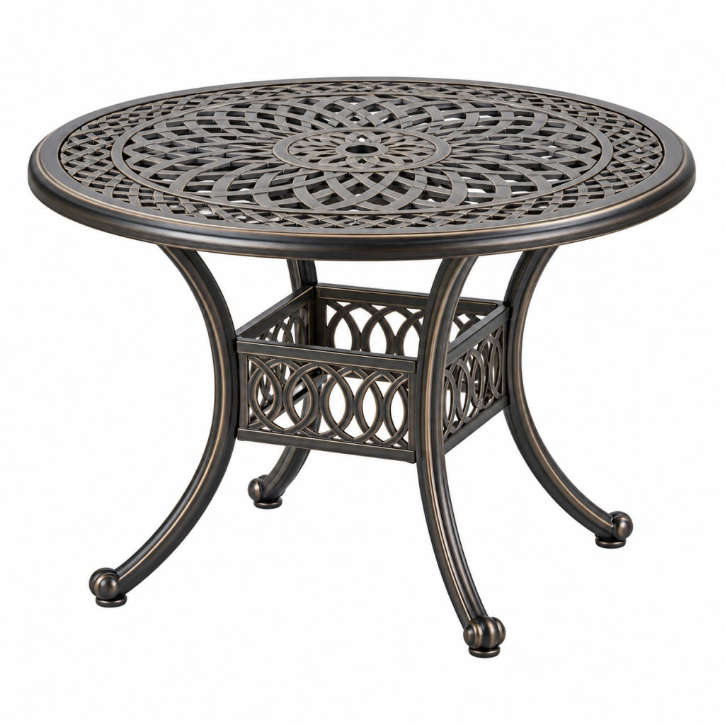 Tavolo da giardino rotondo diametro 110 cm in metallo bronzo scuro con foro per ombrellone stile classico