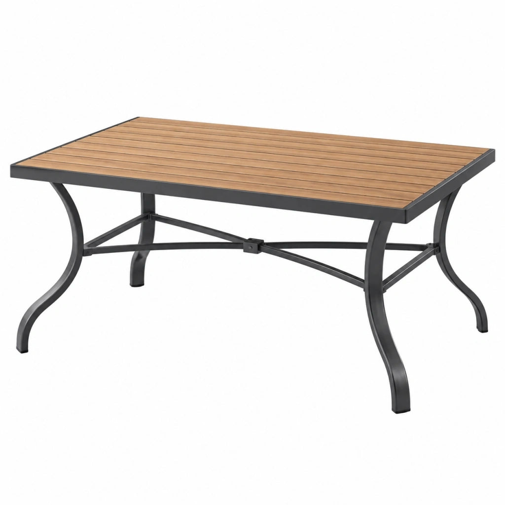 Tavolo da giardino 150 x 90 x 75 cm in metallo e doghe effetto legno marrone nero stile contemporaneo