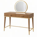 Toeletta 120 x 45 x 145 cm effetto legno marrone con specchio rotondo e dettagli dorati