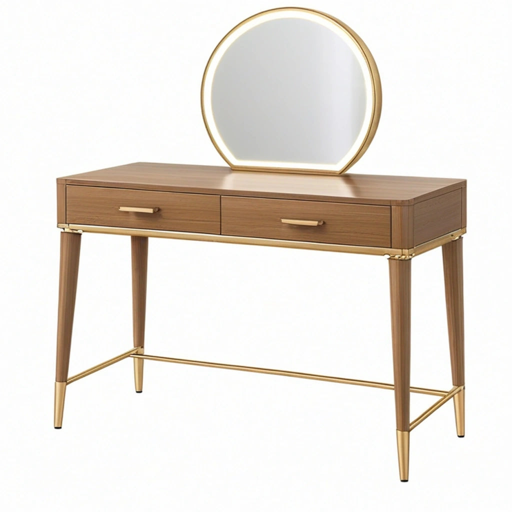 Toeletta 120 x 45 x 145 cm effetto legno marrone con specchio rotondo e dettagli dorati