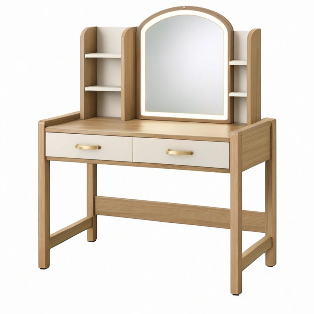 Toeletta con specchio e ripiani 90 x 45 x 150 cm in legno beige e bianco con cassetti