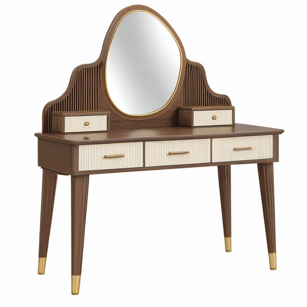 Toeletta 120 x 45 x 145 cm in legno marrone e crema con specchio ovale e cassetti stile moderno