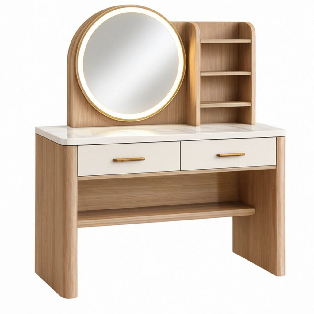 Toeletta 100 x 45 x 150 cm in legno naturale bianco e oro con specchio e cassetti