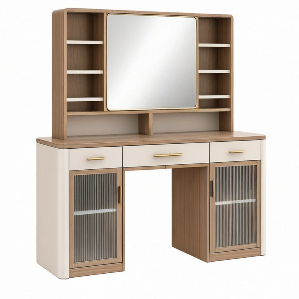 Toeletta con specchio 120 x 50 x 170 cm in legno beige e noce con cassetti e ripiani